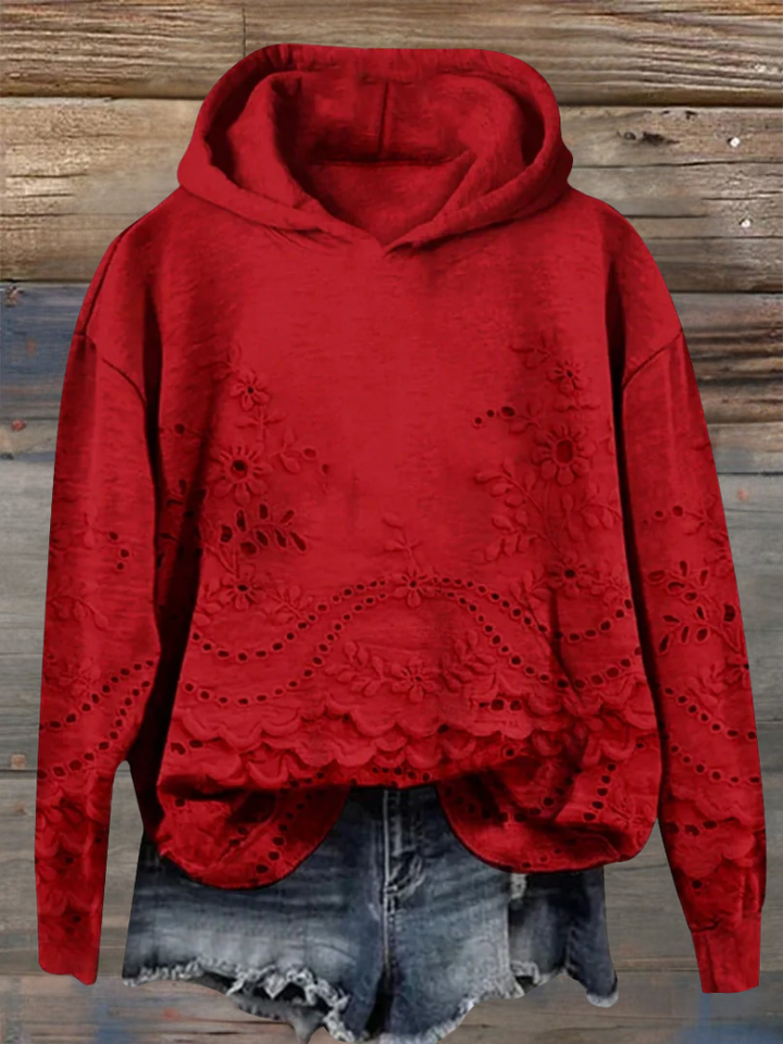 Dārta Floral Hoodie – sieviešu kapuces džemperis ar izsmalcinātu ziedu izšuvumu